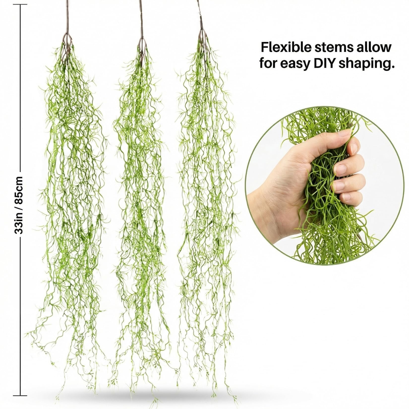 Three strands of artificial Spanish moss garland hanging, with a close-up inset showing a hand holding the flexible stems for shaping.