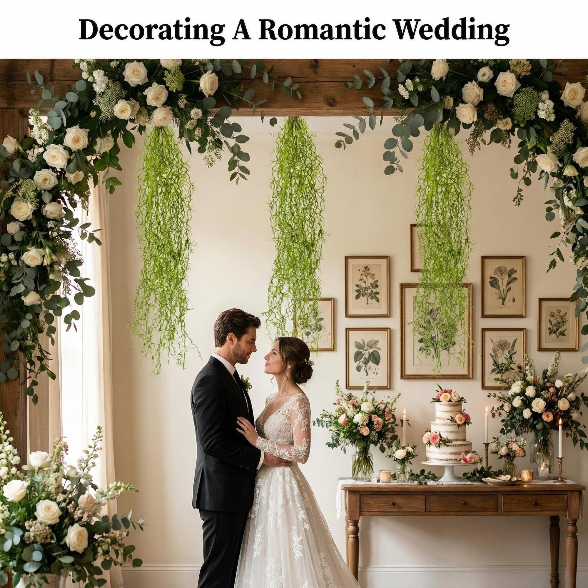 Bride and groom in wedding attire with cascading fake Spanish moss garland and floral decor