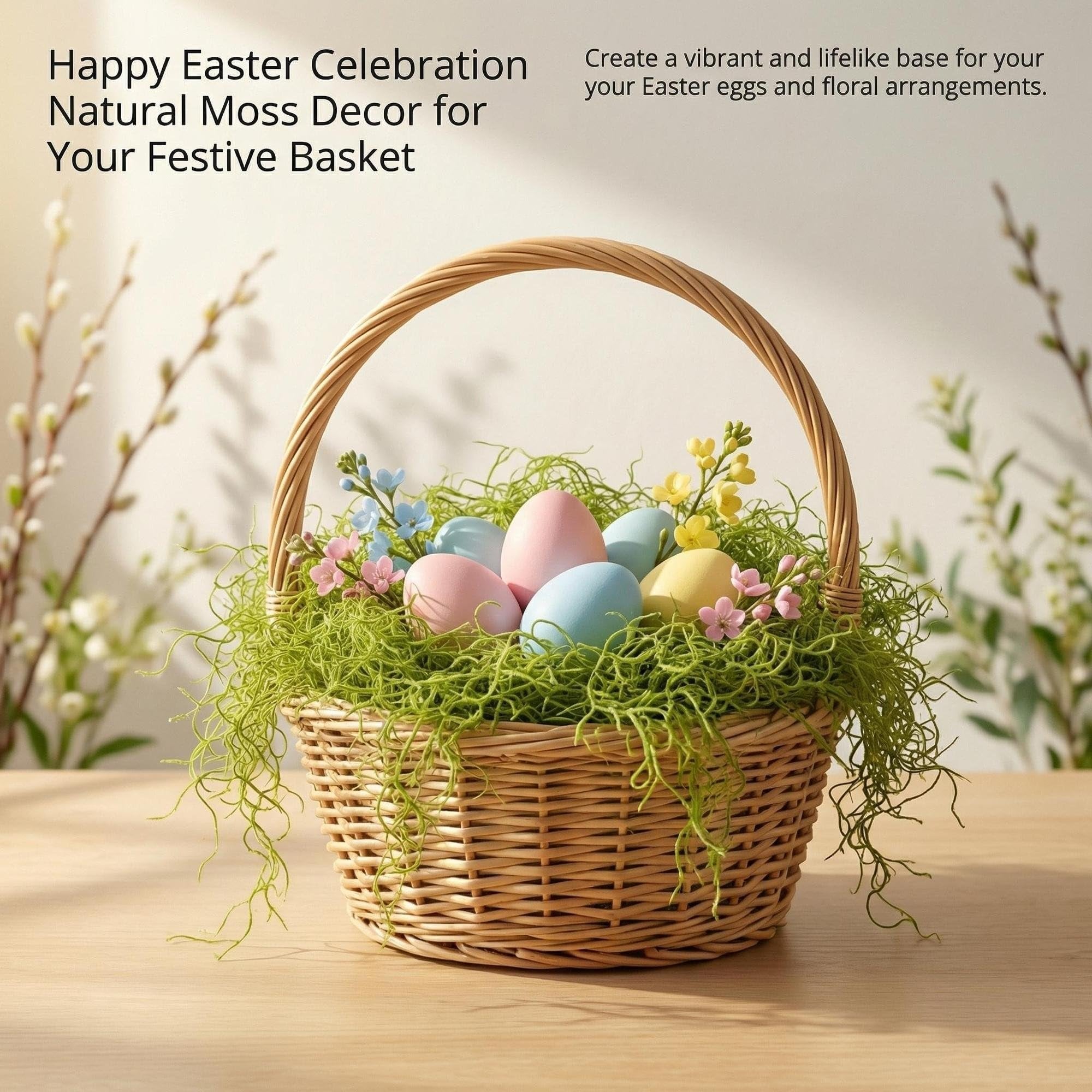 Wicker basket filled with green moss and pastel Easter eggs, decorated with small flowers, on a wooden surface.