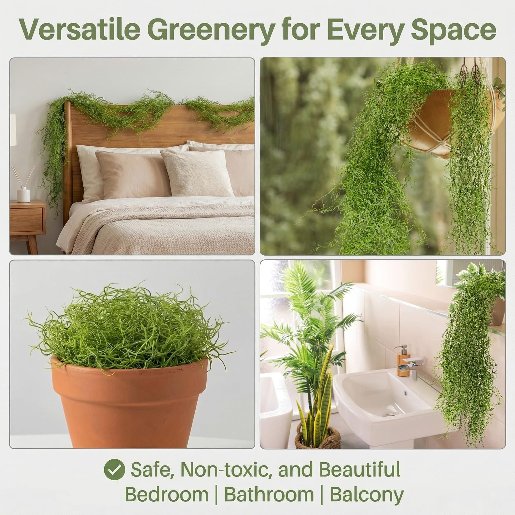 Collage of four images showing fake Spanish moss garland draped over a headboard, hanging from a planter, in a terracotta pot, and in a bathroom setting.