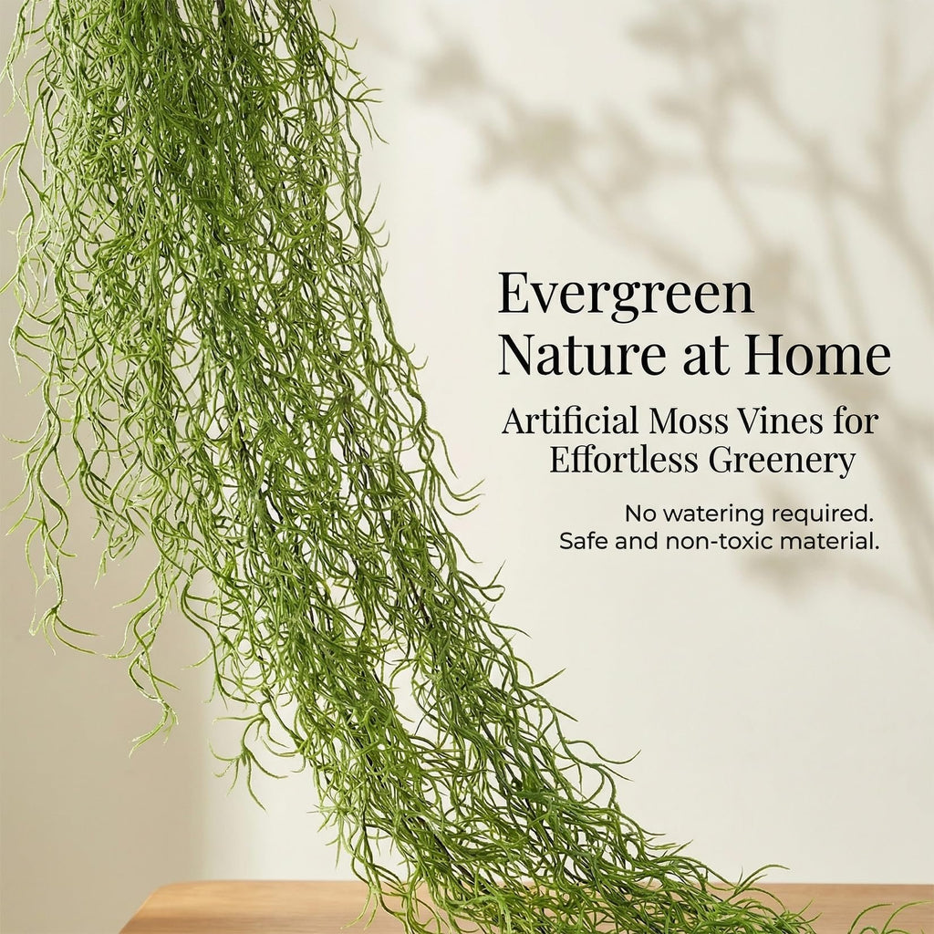 Artificial Spanish moss garland hanging with text overlay about nature at home and effortless greenery.