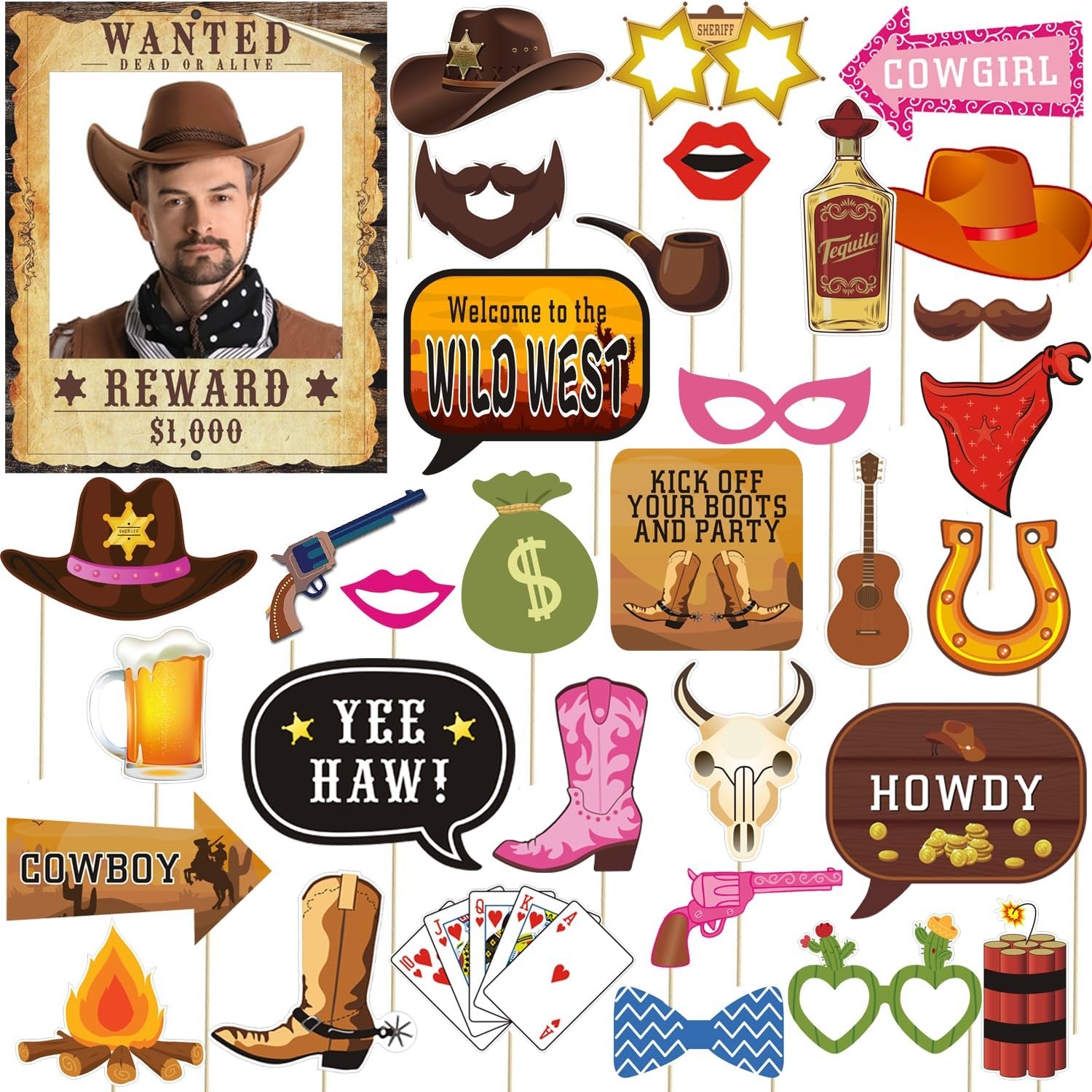 Western photo booth props including a wanted poster, cowboy hats, lips, a tequila bottle, and various signs.