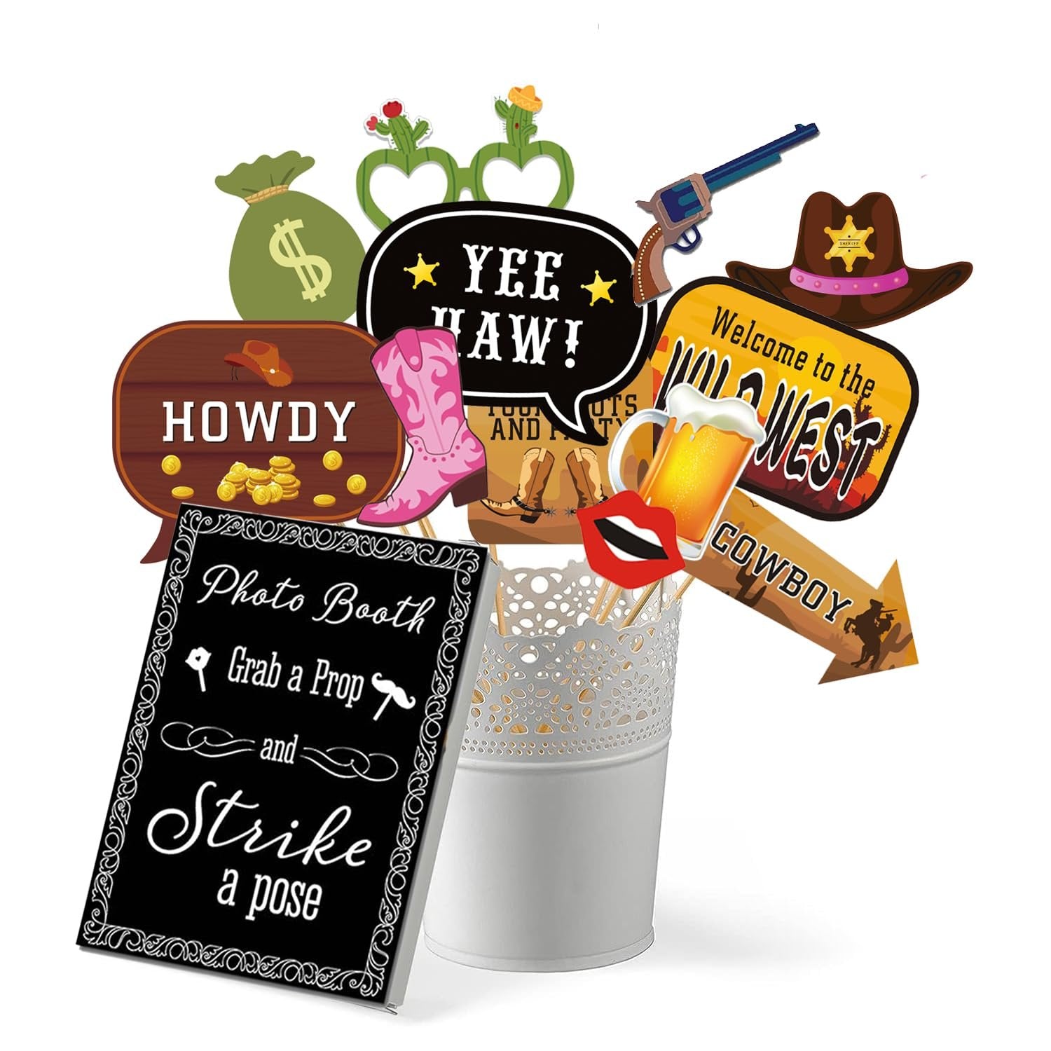Western photo booth props including a sheriff hat, cowboy boots, a money bag, and a 'Welcome to the Wild West' sign.