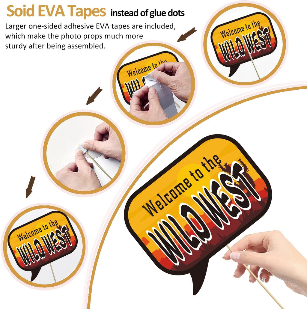 Photo booth prop assembly instructions showing EVA tapes and a 'Welcome to the Wild West' sign.