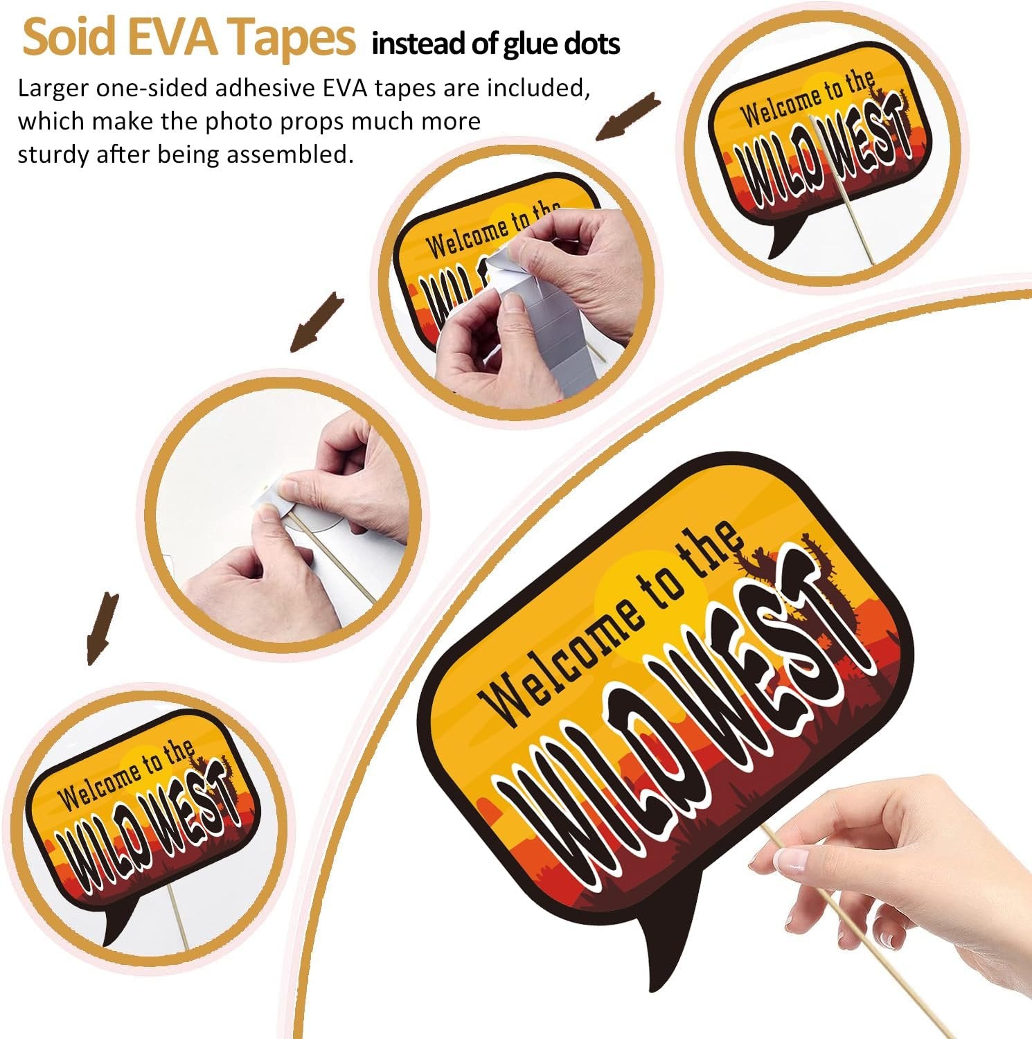 Photo booth prop assembly instructions showing EVA tapes and a 'Welcome to the Wild West' sign.