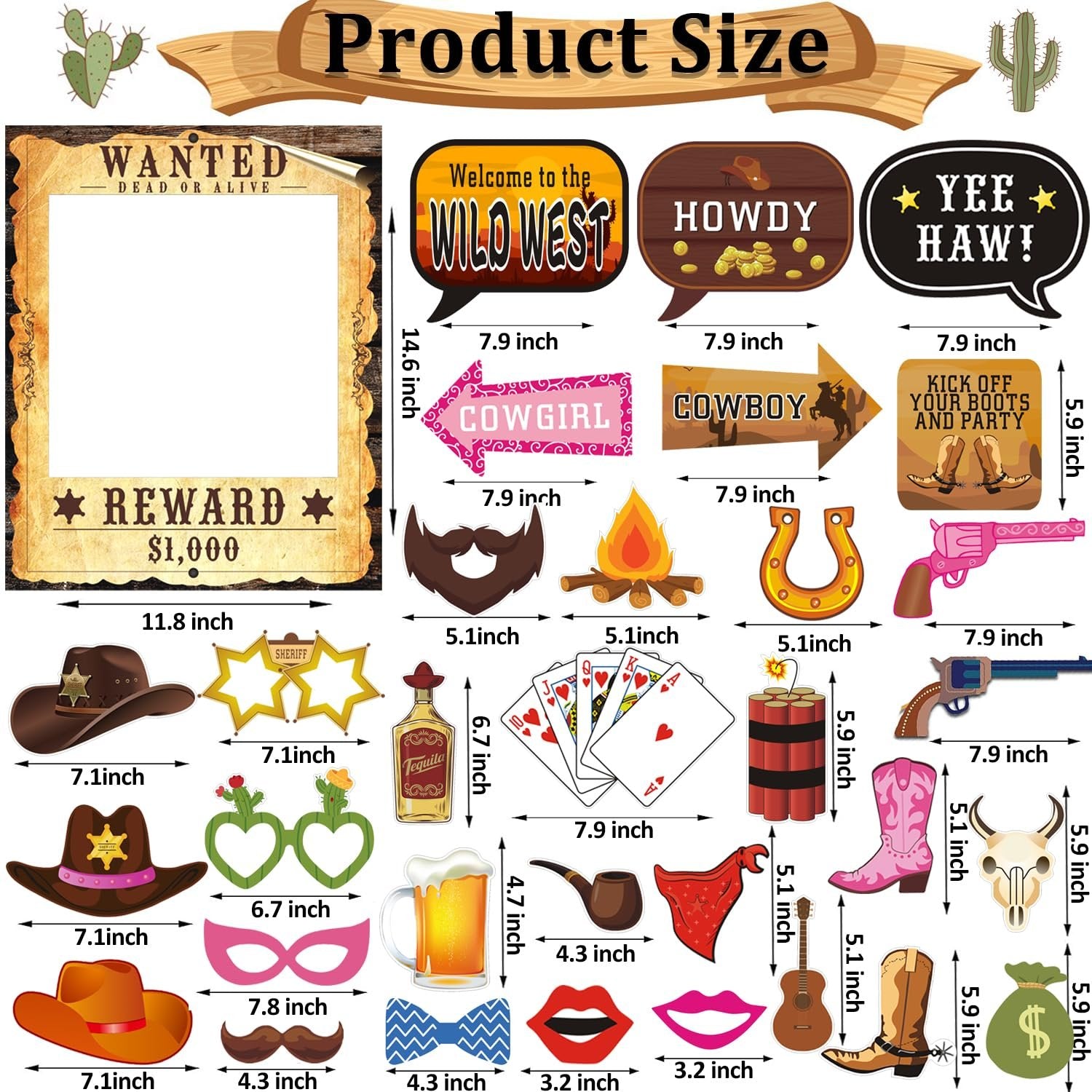Western photo booth props set including wanted poster, cowboy hats, boots, sheriff badge, and various themed cutouts with size dimensions.