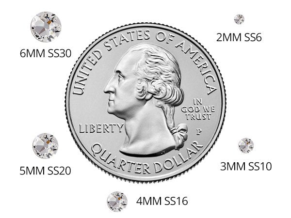 Clear flatback rhinestones in various sizes (2-6mm) shown next to a US quarter for scale.