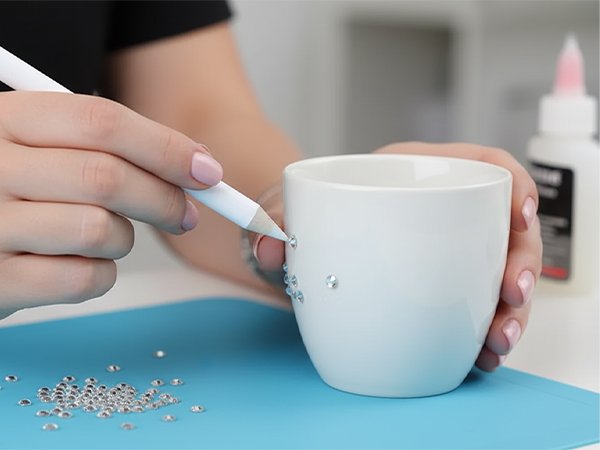 Hands using a white pencil to place clear rhinestones on a white mug, with loose rhinestones and a glue bottle in the background.