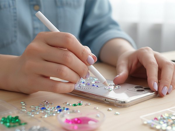 Hands decorating a clear phone case with flatback rhinestones using a white applicator tool.