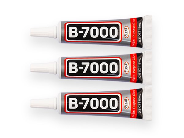 Three tubes of clear multi-purpose adhesive glue with B-7000 branding, arranged horizontally on a white background.