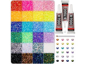 Flatback rhinestone bedazzler kit with multiple colors of rhinestones, B-7000 glue, and applicator tool.