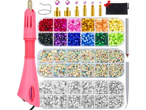 Pink hotfix rhinestone applicator tool with a kit of assorted colorful rhinestones in plastic organizer cases, tweezers, and a black pouch.