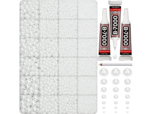 Flatback rhinestones and pearls in various sizes with B-7000 glue tubes and a rhinestone picker tool.