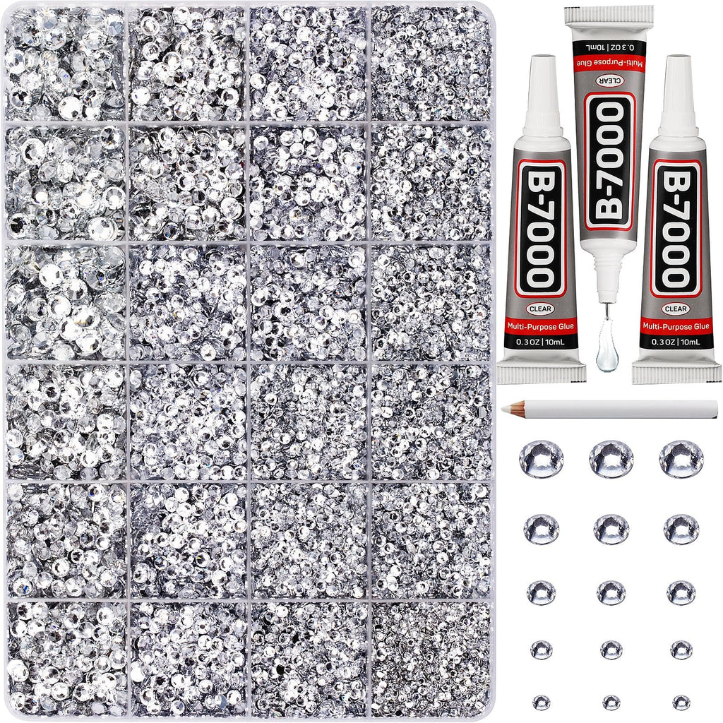 Flatback rhinestones in a divided container with three tubes of clear multi-purpose glue and a rhinestone applicator pencil.