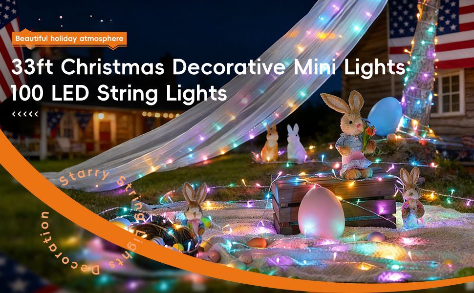 String lights with pastel LEDs decorating an outdoor scene with Easter bunnies and an American flag.