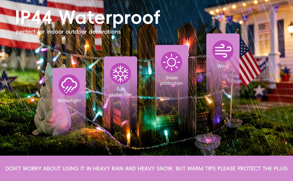 Outdoor string lights with pastel bulbs draped on a fence, featuring icons for watertight, sun, snow, and wind protection.