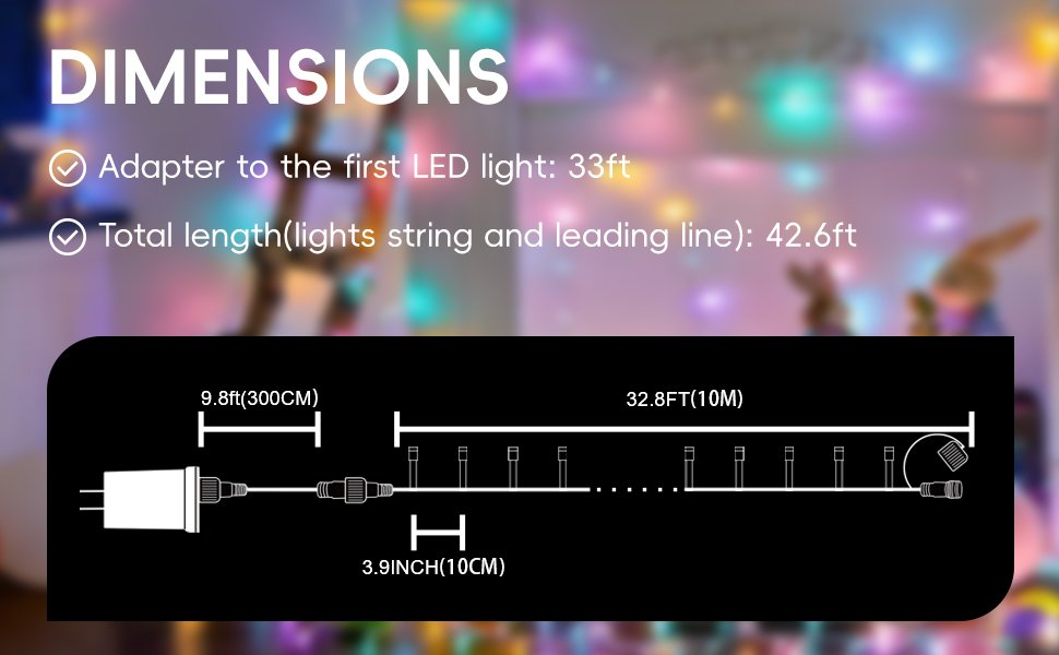 Diagram showing dimensions of string lights, including adapter to first LED and total length.