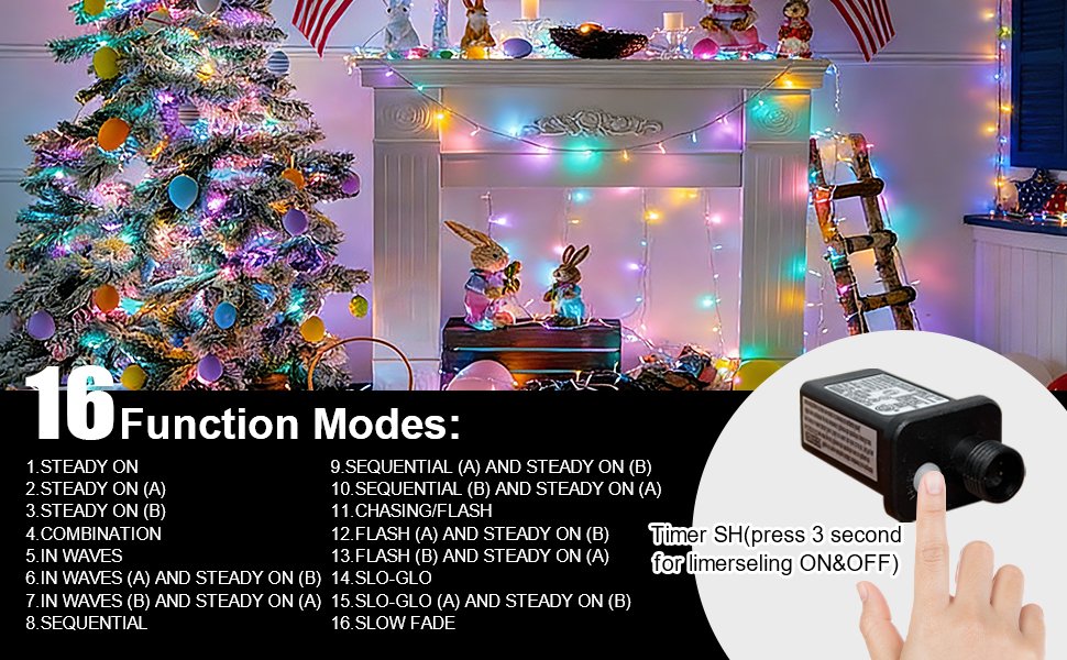 Easter string lights with 100 LEDs and 16 function modes displayed on a decorated Christmas tree and fireplace.