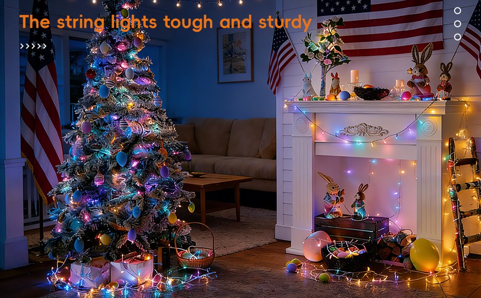 Easter decorated tree and fireplace with colorful pastel string lights and American flags