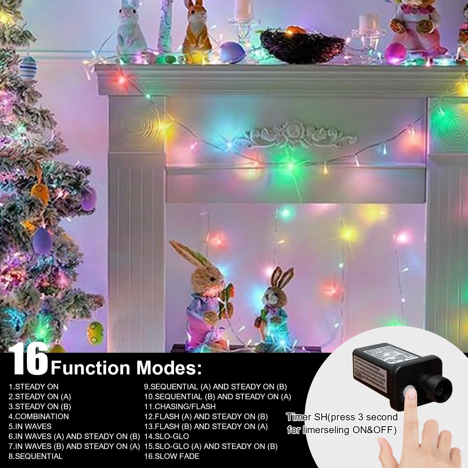 Easter string lights with 16 function modes displayed on a fireplace mantel with decorative bunnies and a Christmas tree