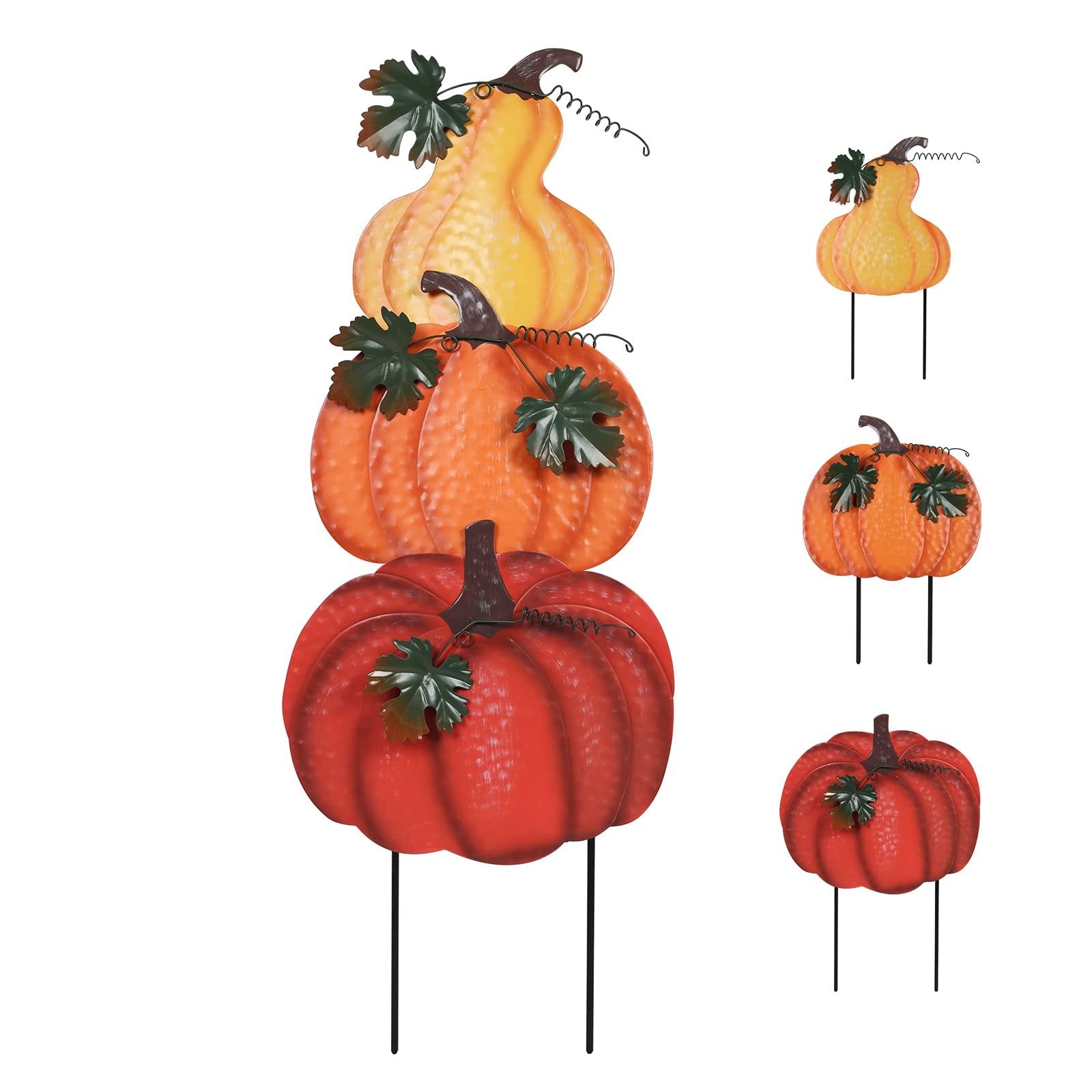 Stacked hand-painted metal pumpkins garden stake with wind-moving leaves, shown with smaller individual pumpkins.