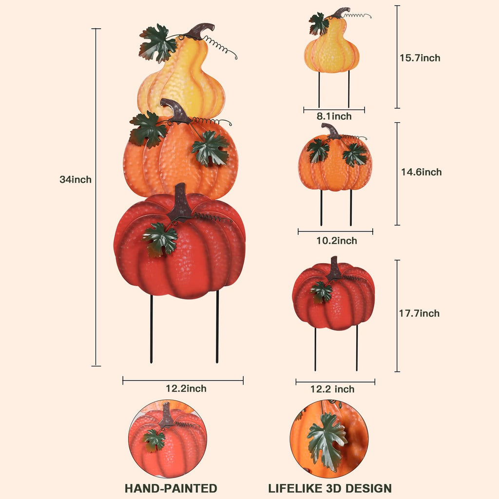Stacked hand-painted pumpkins garden stakes with dimensions and close-ups of details.