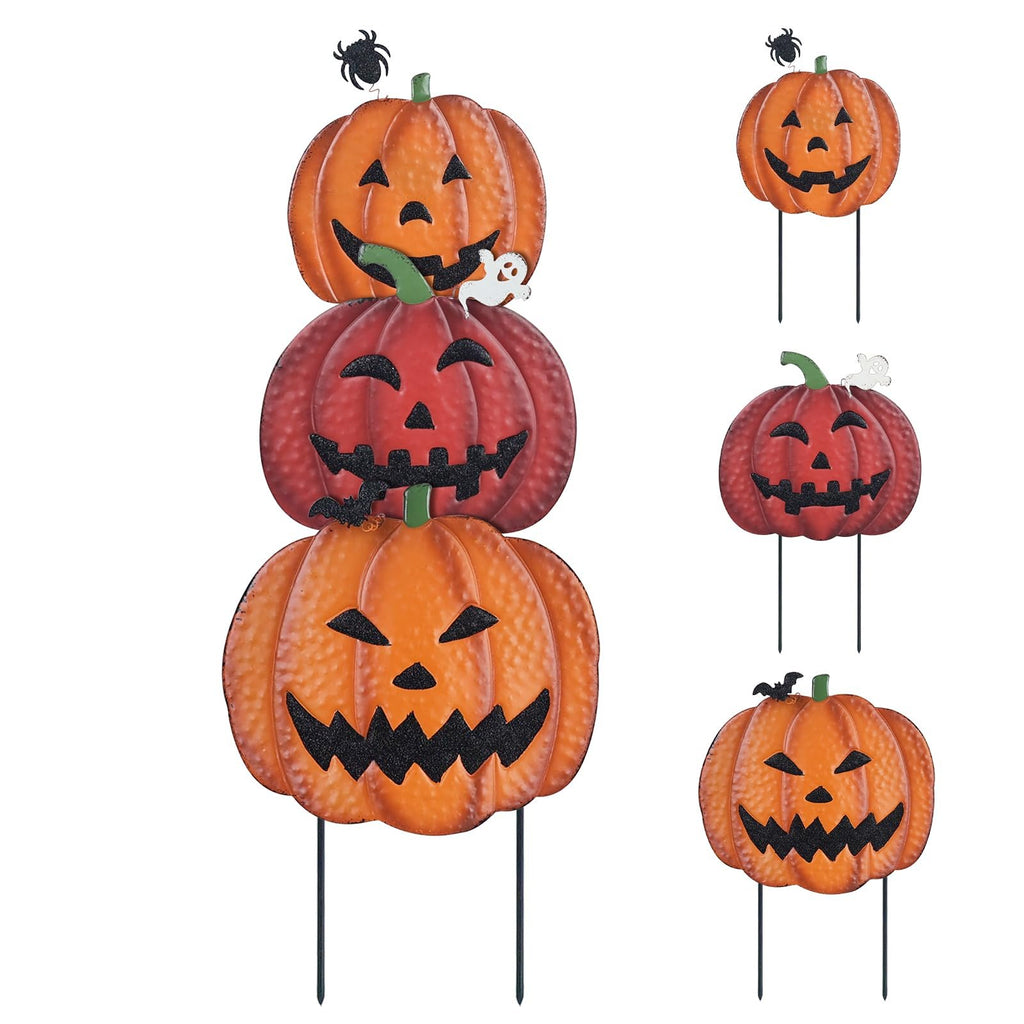 Stackable metal pumpkin garden stakes with jack-o-lantern faces and Halloween ornaments