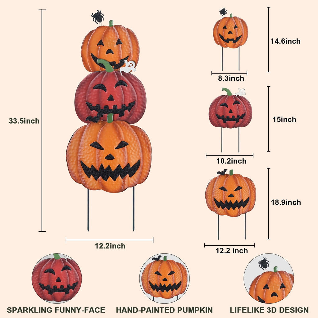 Stackable metal pumpkin garden stakes with jack-o'-lantern faces and dimensions shown.