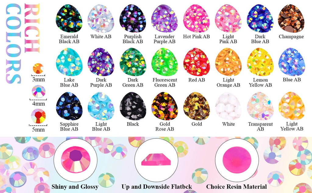 Assortment of colorful resin rhinestones in various sizes and shades, with text labels and size indicators.