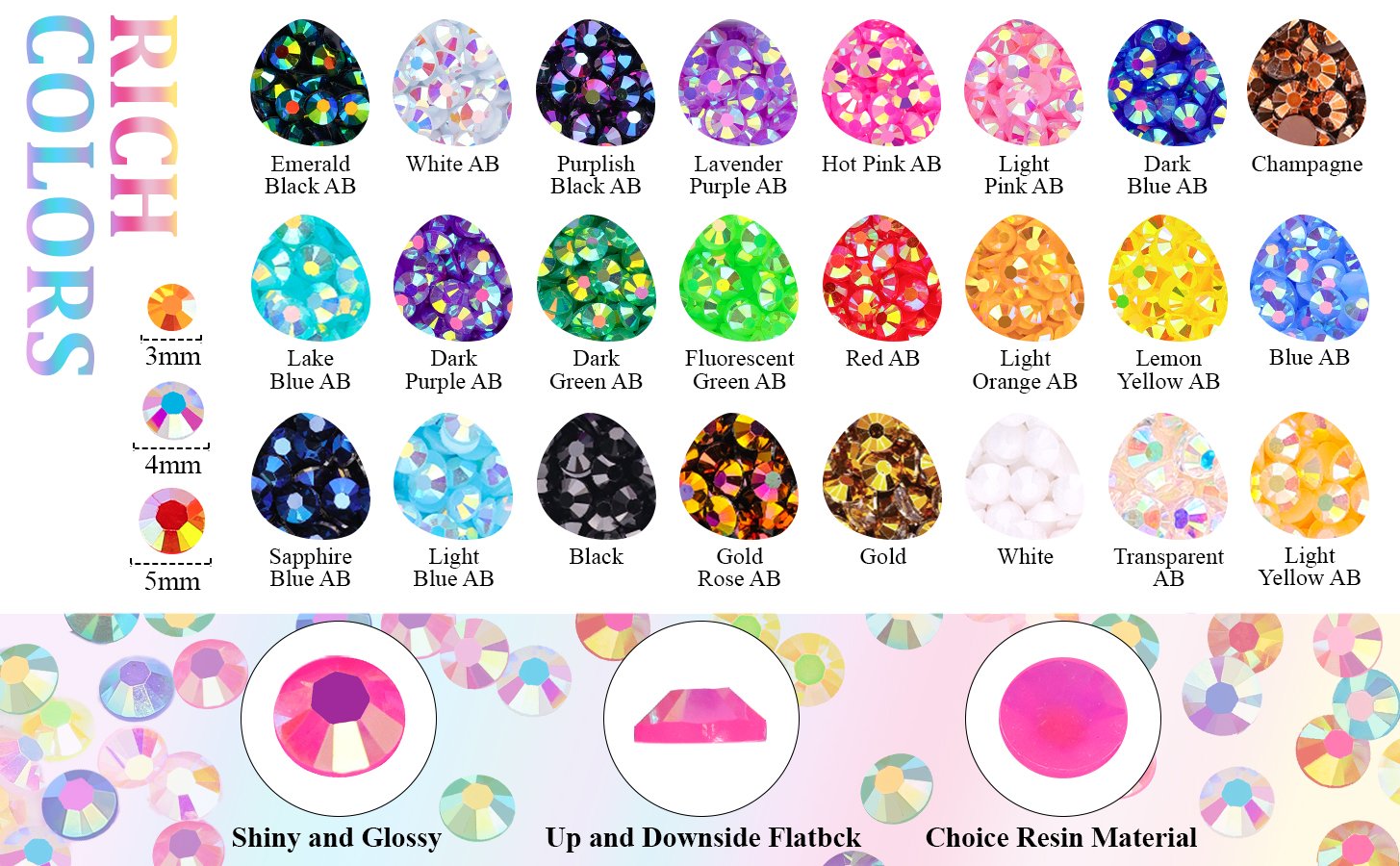 Assortment of colorful resin rhinestones in various sizes and shades, with text labels and size indicators.