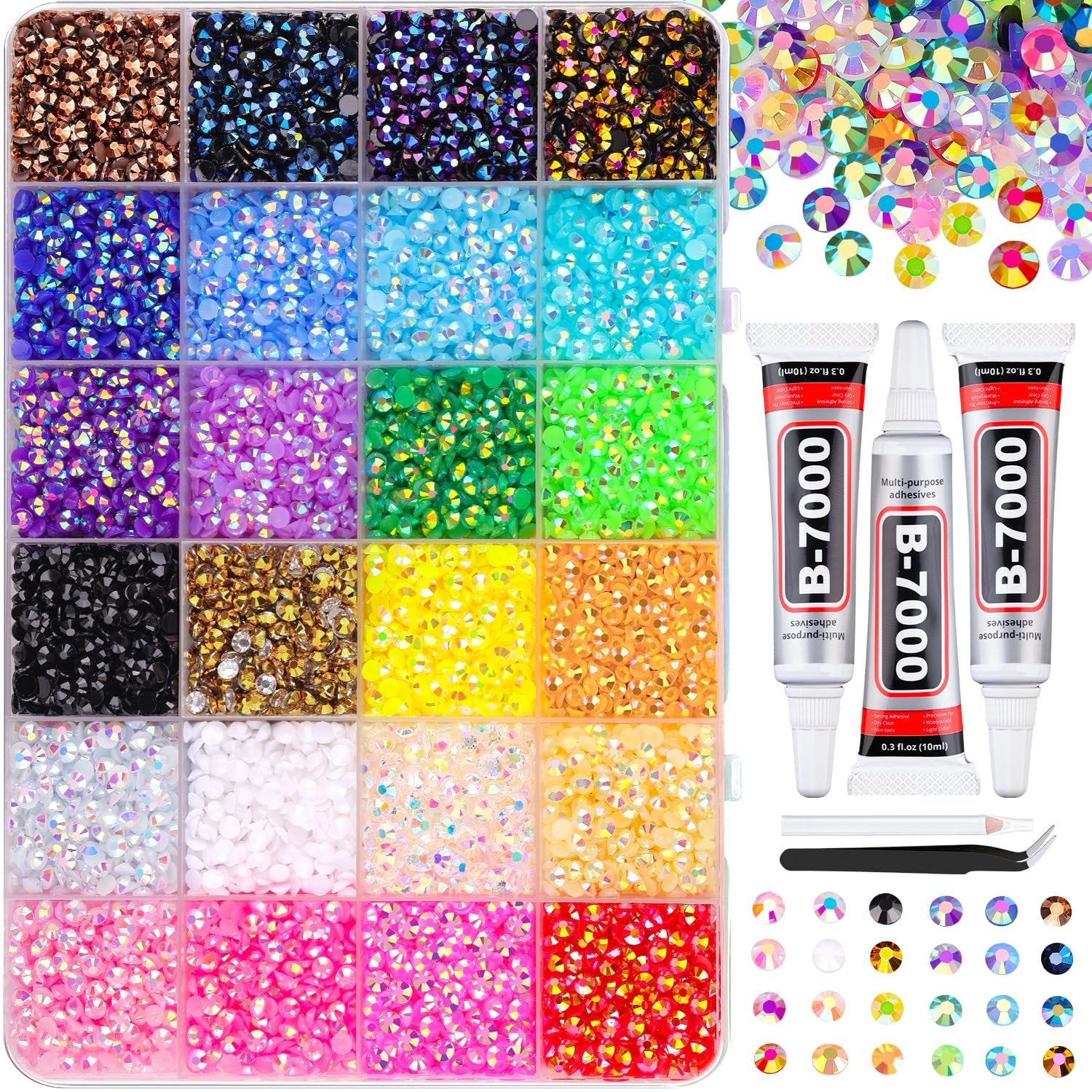 Assorted colorful rhinestones in a divided organizer tray with three tubes of B-7000 adhesive glue and tweezers.