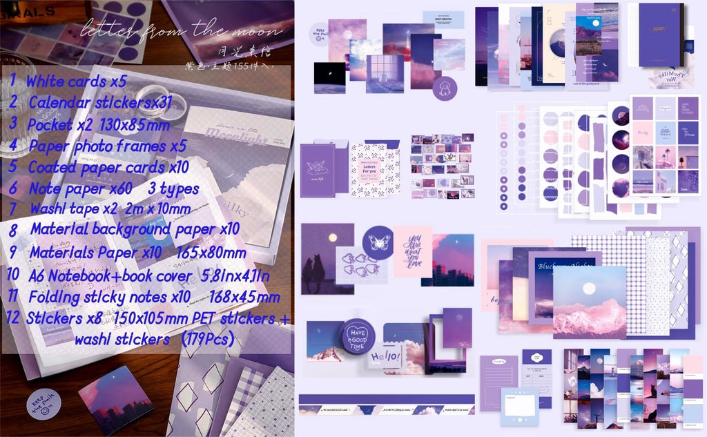 Aesthetic scrapbook kit contents laid out, including a notebook, stickers, washi tape, and paper sheets in purple and blue tones.
