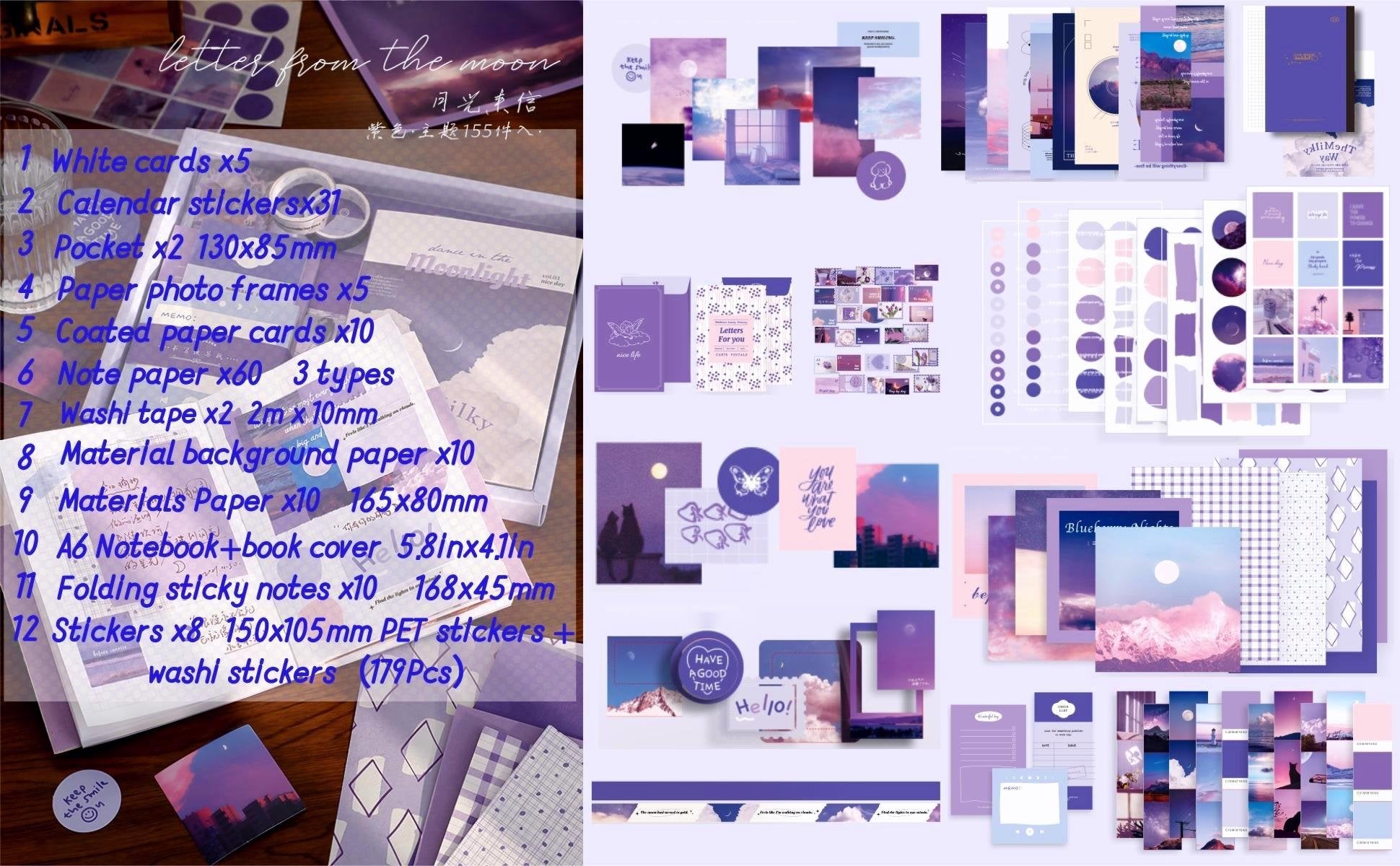 Aesthetic scrapbook kit contents laid out, including a notebook, stickers, washi tape, and paper sheets in purple and blue tones.