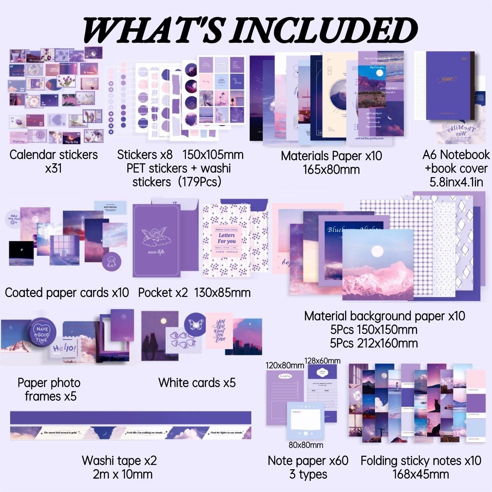 Collage showing all items included in a scrapbook kit: stickers, paper, notebook, frames, tape, and cards.