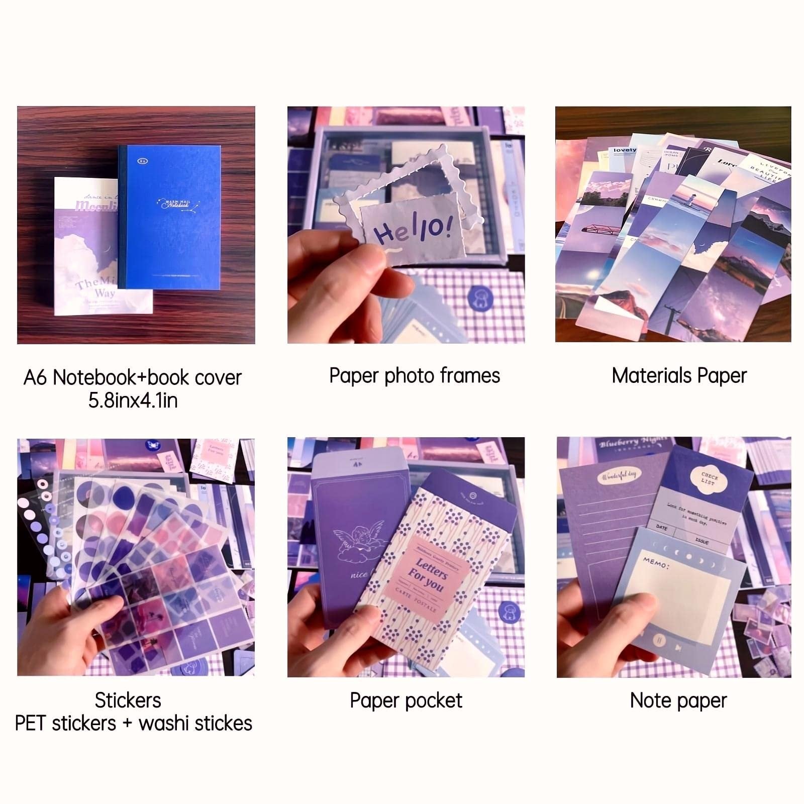 Collage of aesthetic journaling supplies including notebooks, stickers, paper frames, and note paper in purple and blue tones.