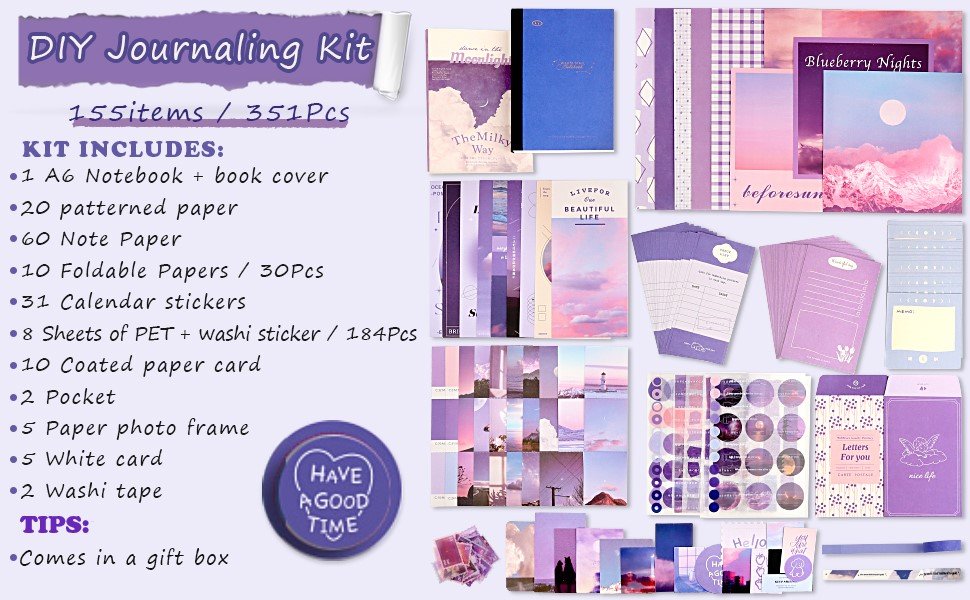 Purple aesthetic scrapbook journaling kit contents laid out, including notebooks, stickers, washi tape, and decorative paper.