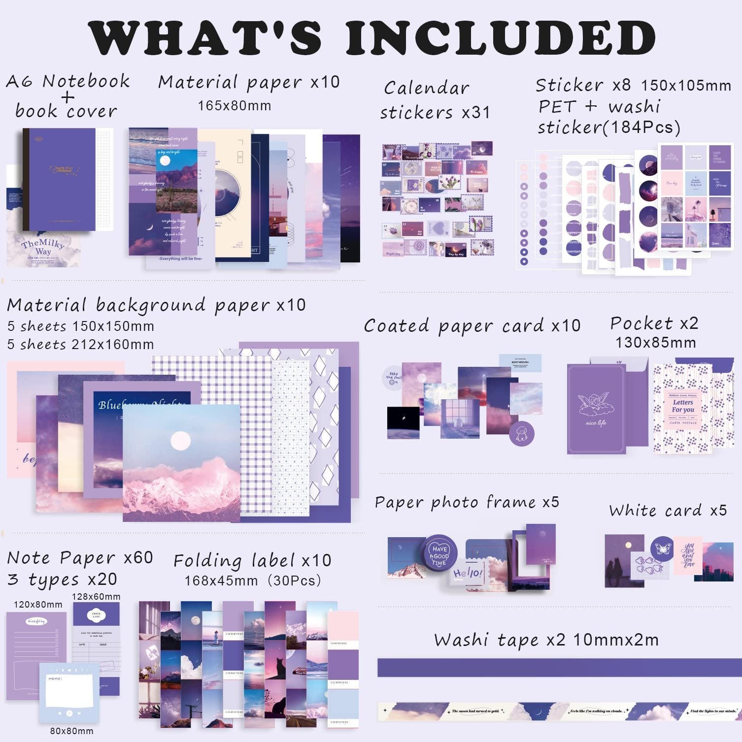 Contents of a 348-piece aesthetic scrapbook kit including A6 notebook, stickers, washi tape, and decorative paper in purple hues.