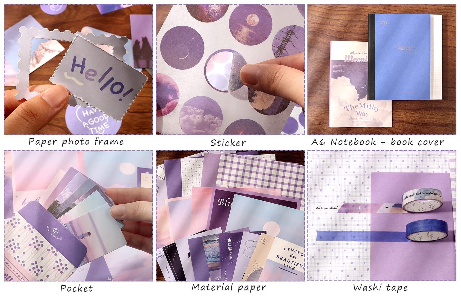 Collage of scrapbook kit items including paper frames, stickers, notebook, pockets, material paper, and washi tape in purple tones.