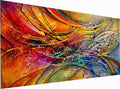 Abstract colorful oil painting with swirling lines and splatters, vibrant hues of red, orange, yellow, blue, and green.
