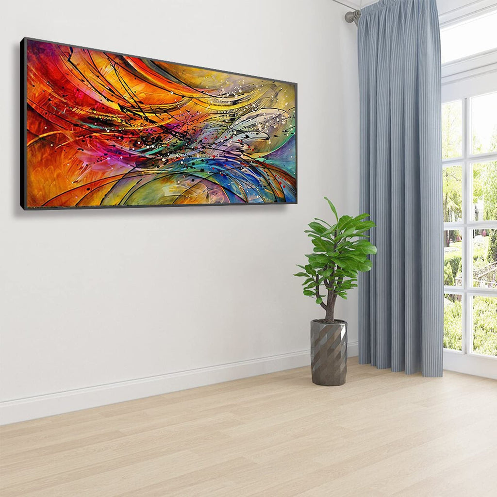 Abstract colorful diamond painting kit displayed on a wall in a room with a plant and window.