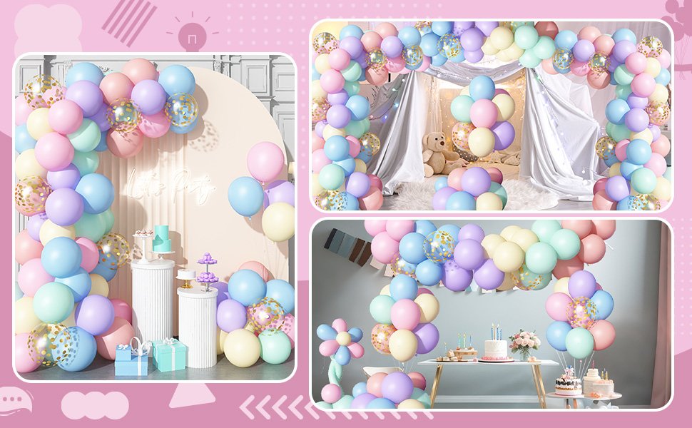 Pastel rainbow latex balloons with gold confetti arranged in arches and bouquets for party decor.