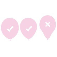 Three pastel pink balloons with white checkmarks and an X symbol indicating inflation status