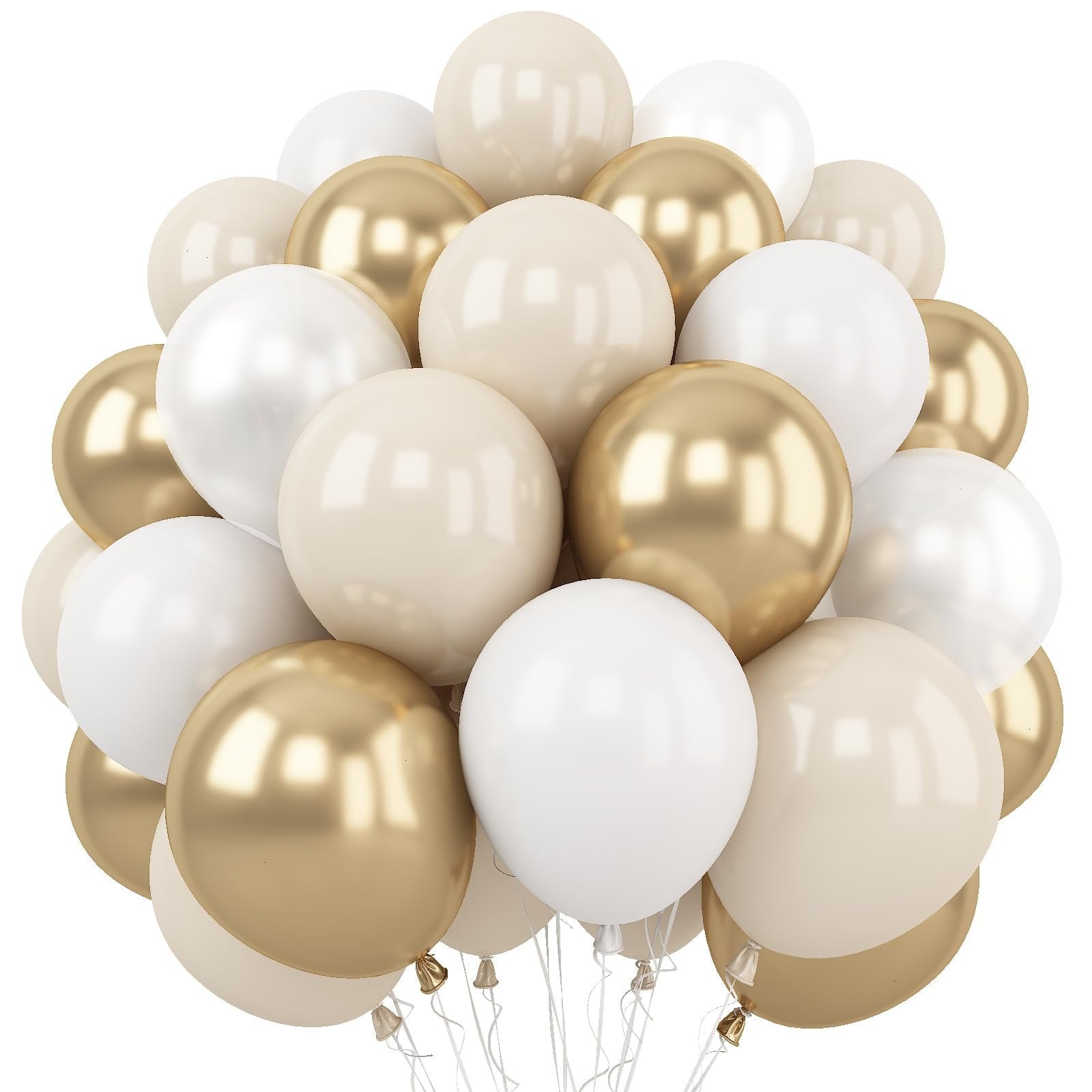 Cluster of 12-inch white, sand, and gold latex balloons with ribbons and gold bell charms.
