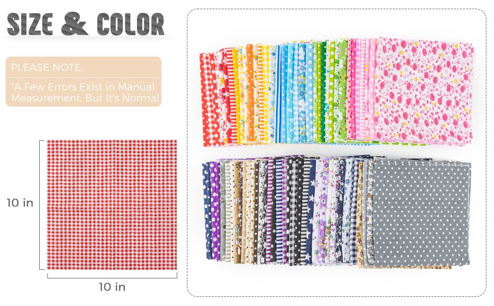 Stack of colorful patterned fabric squares with a single red gingham square showing dimensions of 10x10 inches.