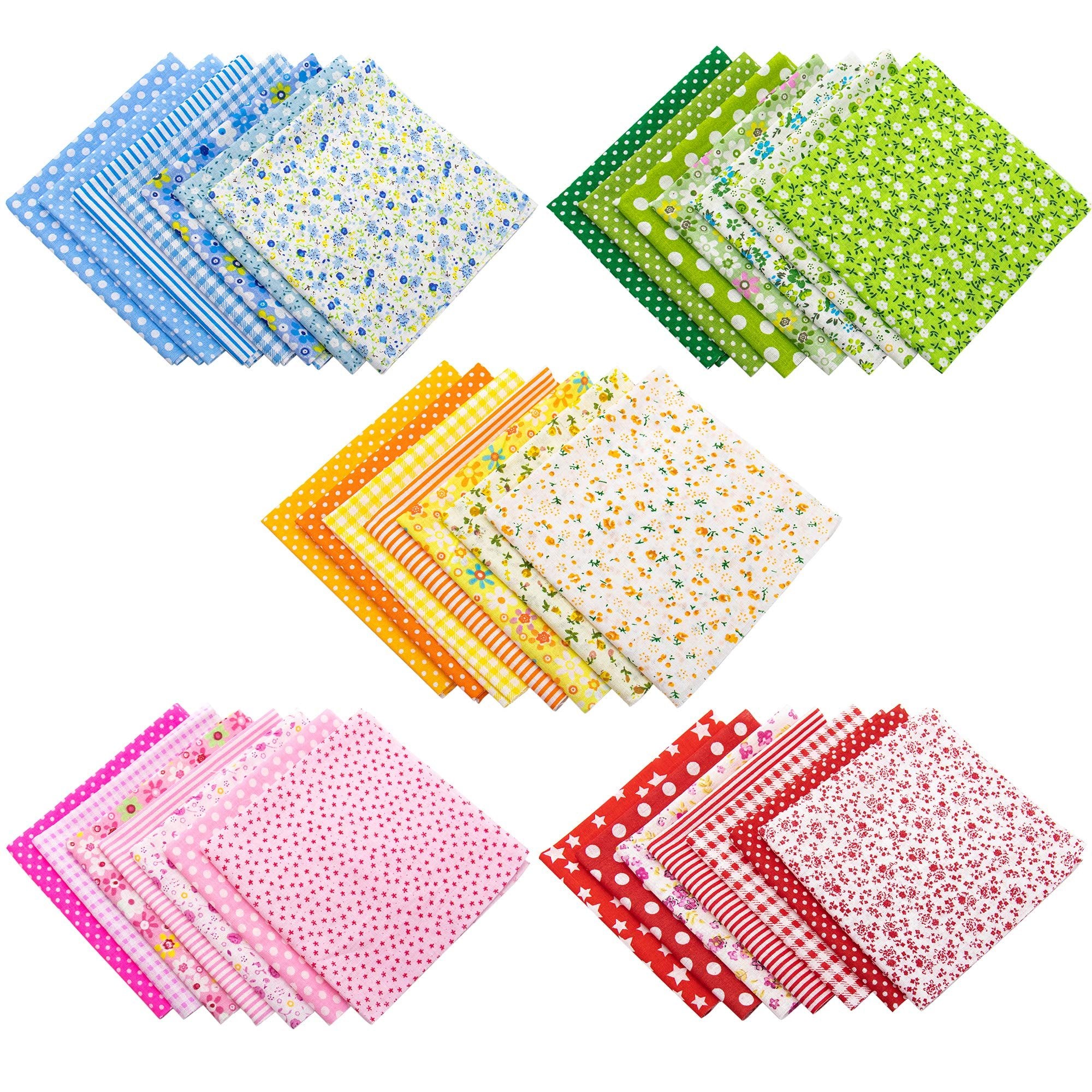 Five stacks of patterned cotton fabric squares in blue, green, yellow, pink, and red on a white background.