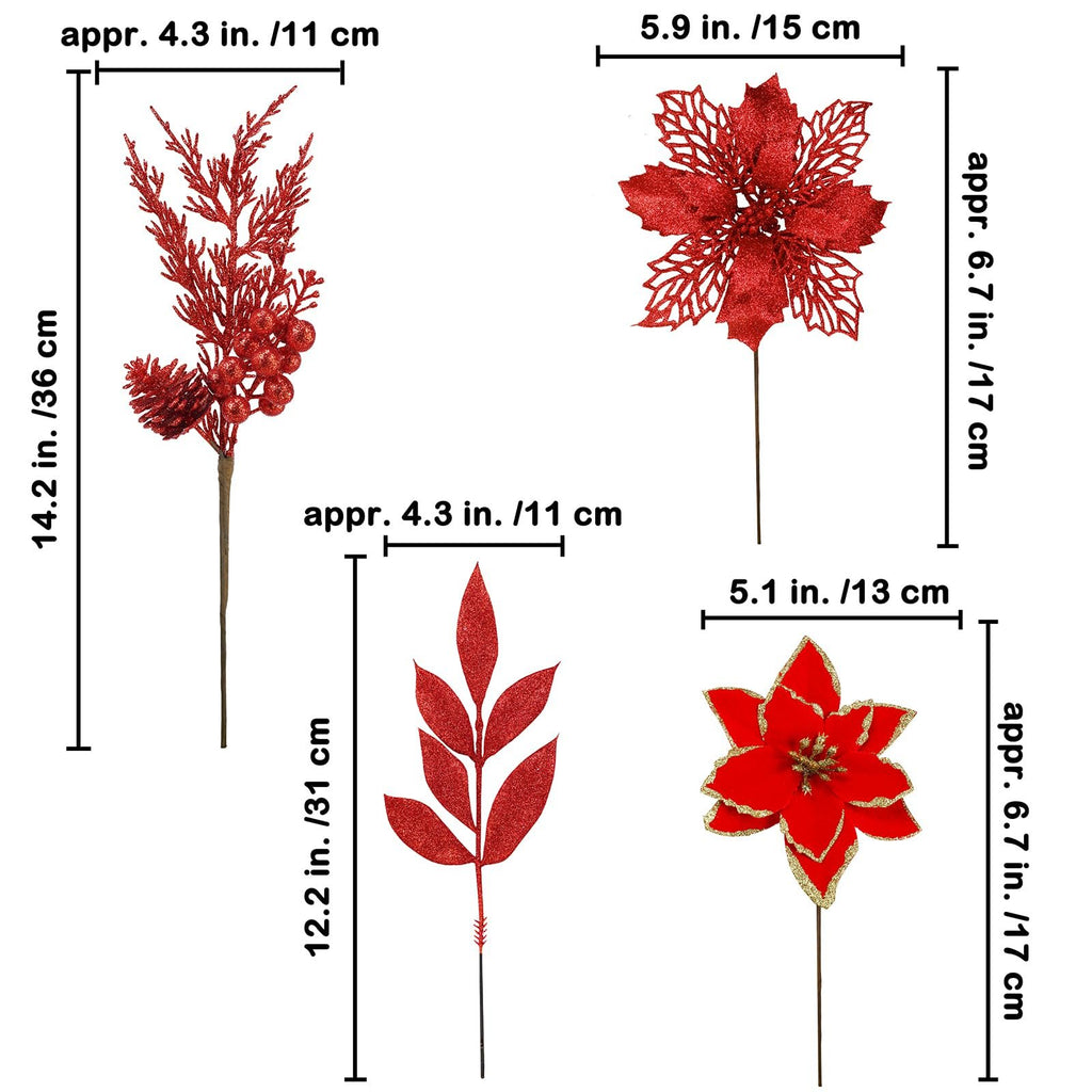 Four red glitter artificial poinsettia flowers, leaves, and berry branches with dimensions indicated in inches and centimeters.