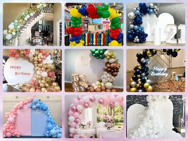 Collage of balloon garland arrangements for parties and events, including staircases, arches, and backdrops.