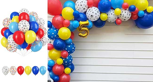 Assorted latex balloons in red, blue, yellow, white with paw prints, confetti, and polka dots, arranged in a garland with a gold number 5 balloon.