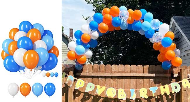 Balloon arch and garland in blue, orange, white, and confetti colors, with a 'Happy Birthday' banner.