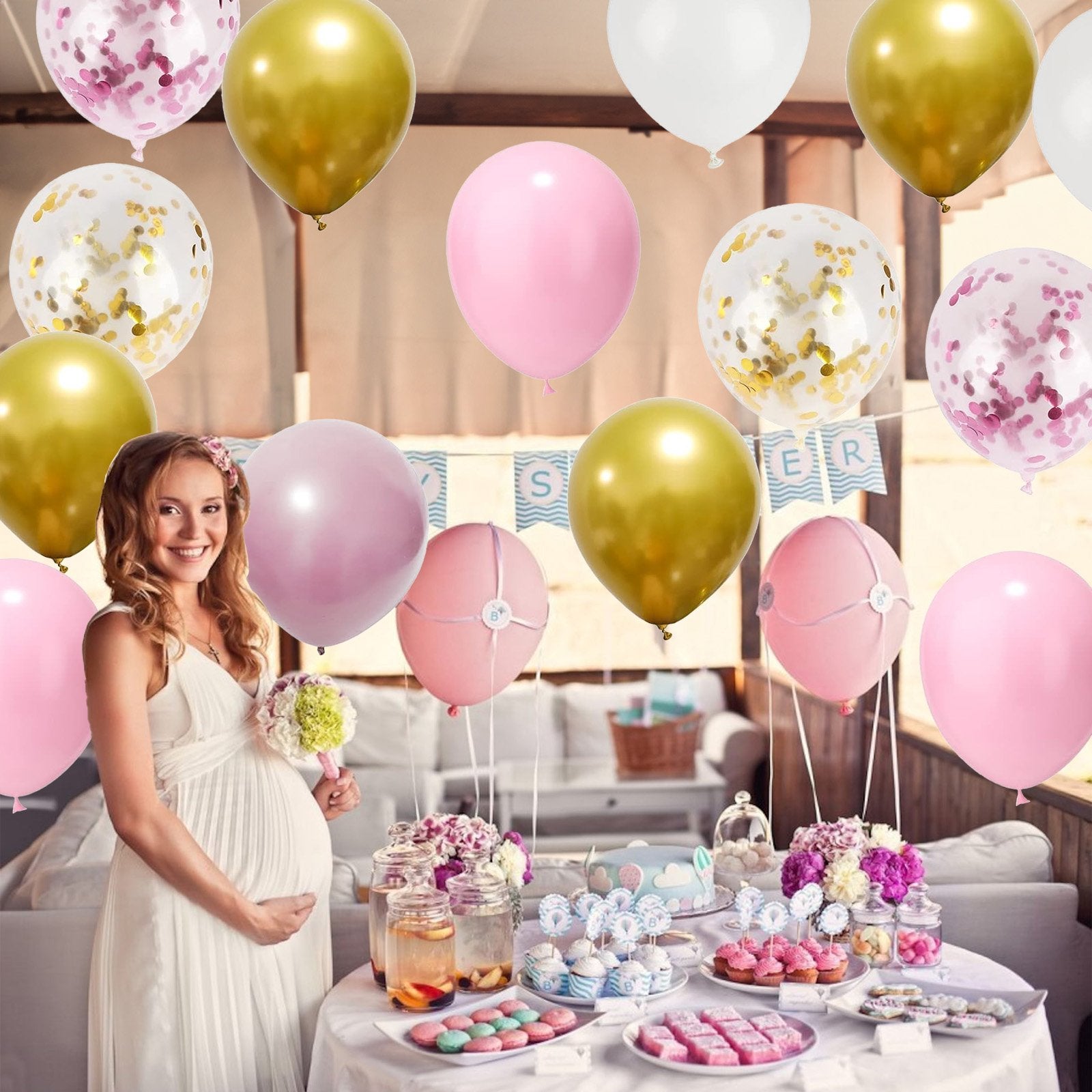 Pregnant woman at a party table with balloons, cake, and desserts